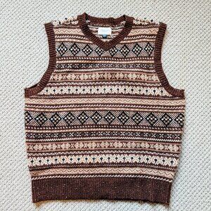 American Eagle Fair Isle Sweater Vest Wool Blend Brown/Tan Knit Medium Tall
